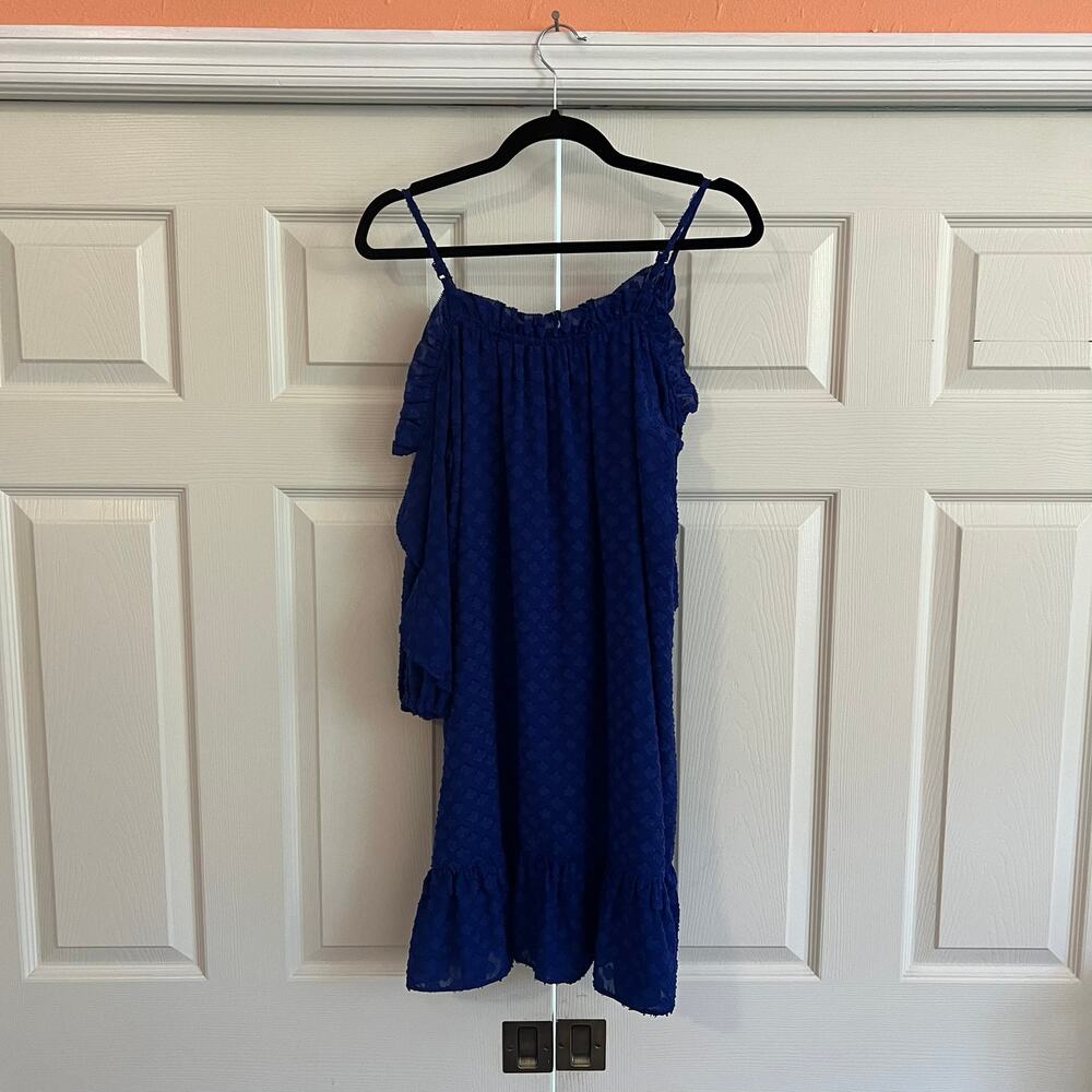 Kaari Blue Cobalt Patterned Open Shoulder Mini‎ Dress Size M Party Date Night - Picture 3 of 8